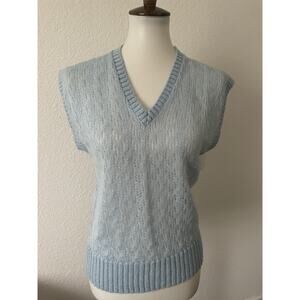 Sears Sweater Vest Pullover V Neck Pointelle Stretch Knit Blue Vintage